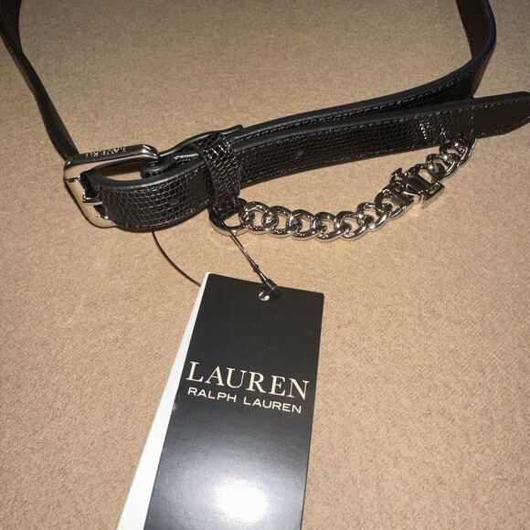 LAUREN RALPH LAUREN Womens Logo-Chain Lizard-Embossed Skinny Leather Belt Large main image 6